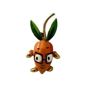Carrot Yam Veg Brooch Pin Face Glasses Leaves Gold-tone Stem Arms Feet 1.5”